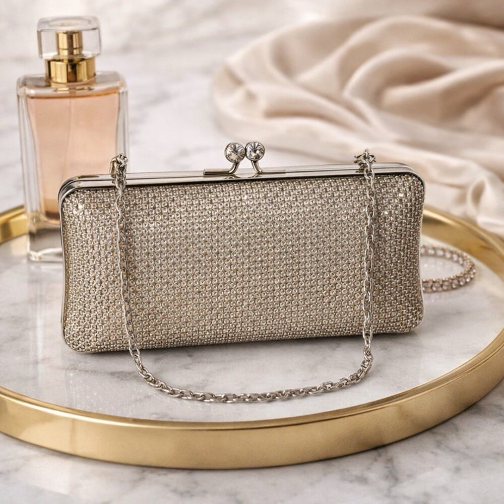 Vintage Rhinestone Mesh Clutch Silver Evening Bag Wedding Prom Glam Kiss lock
